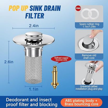 Vakabiu 2024 New Pop Up Bathroom Sink Drain Strainer Hair Catcher, Sink Drain Stopper with Removable Stainless Steel Filter Basket,for US Bathroom Sink Stopper Replacement (2PCS)