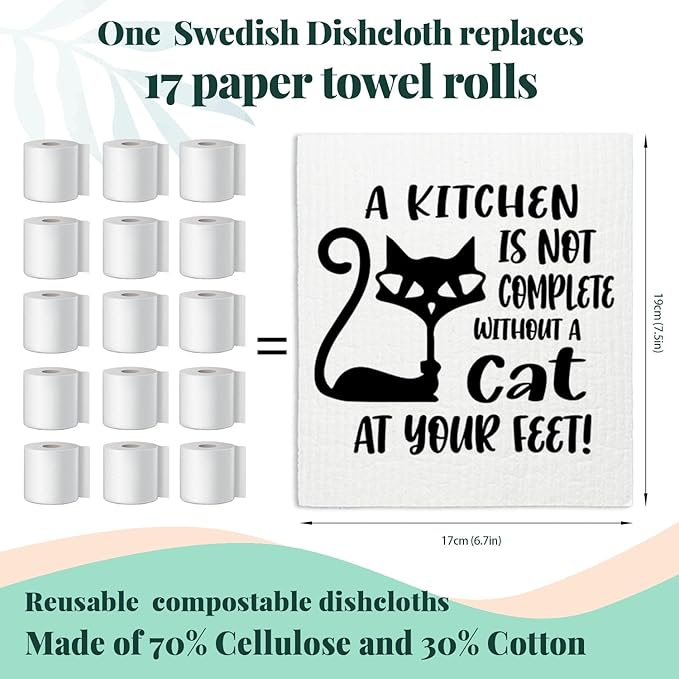 Cat Swedish Dishcloths for Kitchen, Papaya Reusable Paper Towels, 4 Pack Dish Towels for Kitchen, Reusable Paper Towels Washable, Swedish Dish Cloths