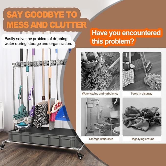 SARKEY Mobile Broom Mop Holder,Rolling Cleaning Tool Organizer Cart,Rolling Janitor Cart On Wheels,Freestanding Cleaning Tool Organizer For Home,Garage,School,Hotel(68x50x105cm(27x20x41in))