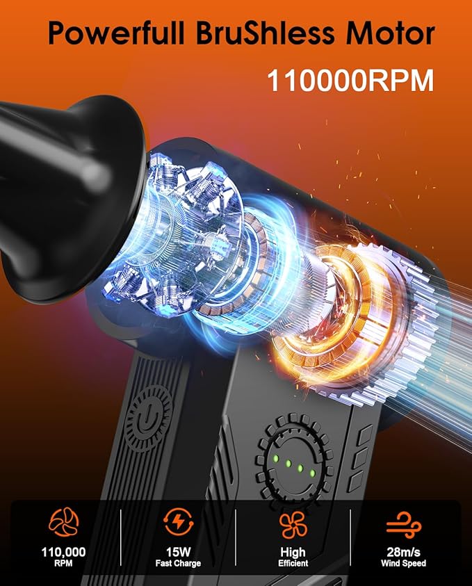 Superpower Compressed Air Duster-110000RPM Cordless Electric Air Duster, 5200mAh, 15W Fast Charging, 4 Speeds Mini Air Blower, Durable Clean Duster for PC, Keyboard, House, Outdoor and Car