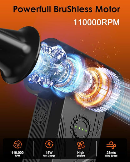 Superpower Compressed Air Duster-110000RPM Cordless Electric Air Duster, 5200mAh, 15W Fast Charging, 4 Speeds Mini Air Blower, Durable Clean Duster for PC, Keyboard, House, Outdoor and Car