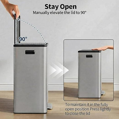GarveeHome 16 Gallon Dual Compartment Trash Can, Stainless Steel Recycling Trash and Recycle Bin Combo with Step Pedal, Silent-Close Lid, Odor Control & Pet-Proof Design for Kitchen, Office