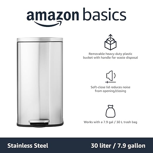 Amazon Basics MEDIUM Trash Can, 7.9 Gallon (30L), Smudge Resistant Rectangular Bin with Soft-Close Lid, Step Foot Pedal, Removable Inner Bucket, Brushed Stainless Steel, Satin Nickel Finish