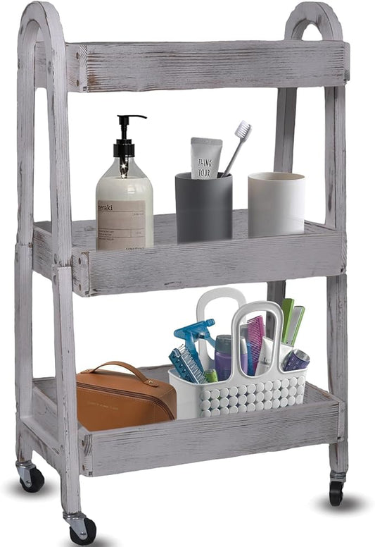 3-Tier Wooden Rolling Cart- Wooden Utility Cart wit Wheels- Utility Rolling Cart-Storage Trolley Organizer- Rolling Kitchen Serving Cart for Office,Kitchen, Kids' Room (Retro Grey)