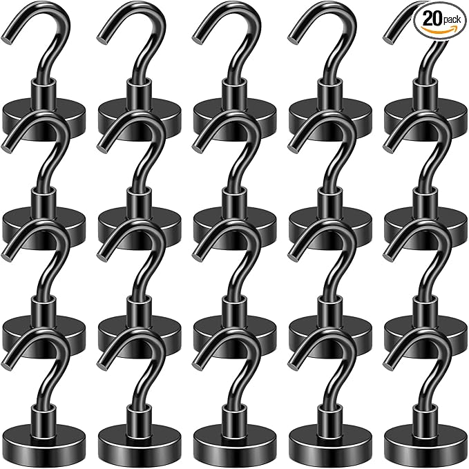 DIYMAG Black Magnetic Hooks, 50 LB Heavy Duty Magnet with Hook, 20 Packs Strong Rare Earth Neodymium Magnets for Hanging, Magnetics Hanger for Curtain, Home, Kitchen, Workplace