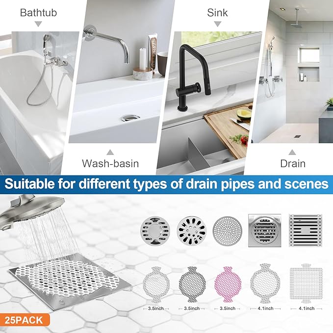 25 Pack, Disposable Shower Drain Hair Catcher Mesh Stickers, Disposable Hair Drain Catcher.(White,4.1inch), Hc2-4.1inRound-25