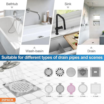 25 Pack, Disposable Shower Drain Hair Catcher Mesh Stickers, Disposable Hair Drain Catcher.(White,4.1inch), Hc2-4.1inRound-25