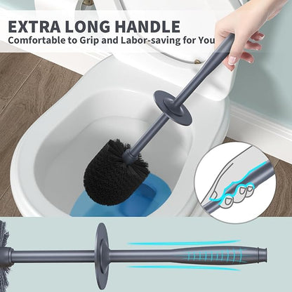Toilet Brush, Toilet Bowl Brush with Extra Long Handle Durable Bristles Toilet Scrubber and Covered Holder for Toilet Brush Set for Bathroom Cleaning (Gray, 1 Set)