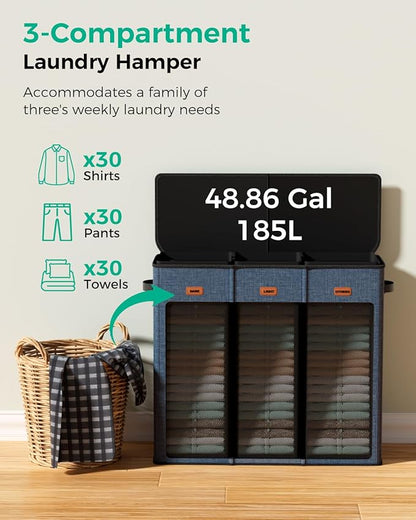 3 Bin Laundry Hamper 185L, Large Laundry Hamper with Lid, Dirty Clothes Hamper with 3 Detachable Washing Bags, Foldable Laundry Basket Organizer for Bedroom, Laundry Room