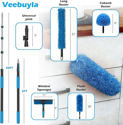 25FT Reach High Ceiling Duster Kits with 5-20FT Adjustable Pole - Includes Extra Long Duster, High Ceiling Duster, Rotatable Window Squeegee & Cobweb Duster for Ceiling Fans and Whole House Cleaning