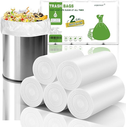 2 Gallon Small Bathroom Trash-Bags - Mini Garbage Bags Biodegradable White Trash Can Liners 200 Count Kitchen Office Car Little Waste Basket Unscented Tiny Strong Thick