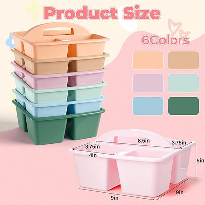 Kathfly 6 Pack Multipurpose Compartment Caddy, Plastic Storage Boxes with Handle, Assorted Colors Table Caddies Organizer for Classroom Office School Home Shower Supplies (Morandi Color)
