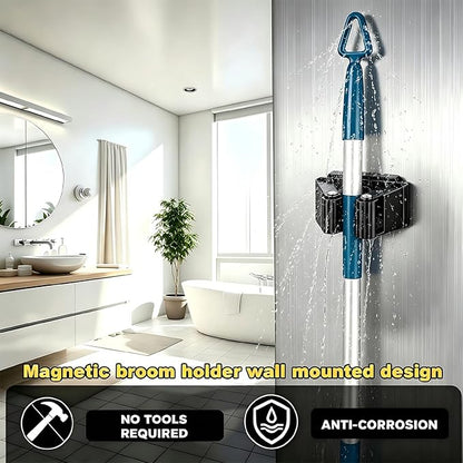 Magnetic Broom Mop Holder Wall Mount - 4 Pack Heavy Duty No Drill Hooks for Garage Kitchen Bathroom RV, Waterproof Tool Organizer, 9 lbs Capacity, Fits 0.6-1.5 inch Handles