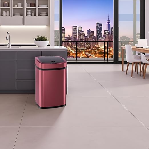 DZT-12-5 12L Stainless Steel Smart Waste Bin with Motion Sensor | Touchless Auto-Open Lid & Soft-Close for Bathroom, Kitchen & Office (Burgundy)