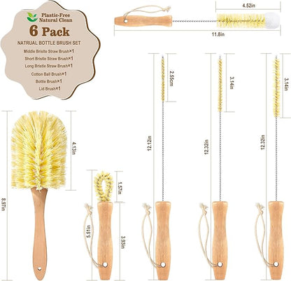 Bottle Brush Set - 6 Pack Sisal Bristle Natural Bottle Brush, All in One Bottle and Straw Brush Cleaning Set for Water Bottles, Glasses, Cups and Lid
