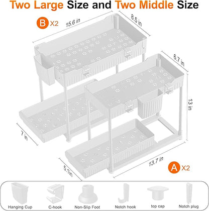 Sevenblue Under Sink Organizer, Bathroom Organizers and Storage, 2 Tier Multi-Use Pull Out Cabinet Organizer with Hang Hooks and Cups (White, 4 Pack)
