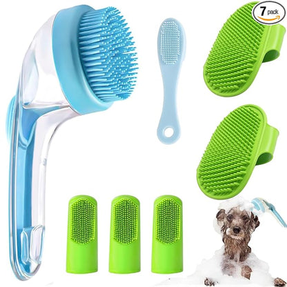 7 PCS Pet Bath Brush Set, Dog Bath Brush with Shampoo Dispenser, Cat Chin Cleaning Brush, Dog Toothbrush, Adjustable Glove Massage Brush, Pet Scrubber for Bathing Long Short Haired Dogs Cats