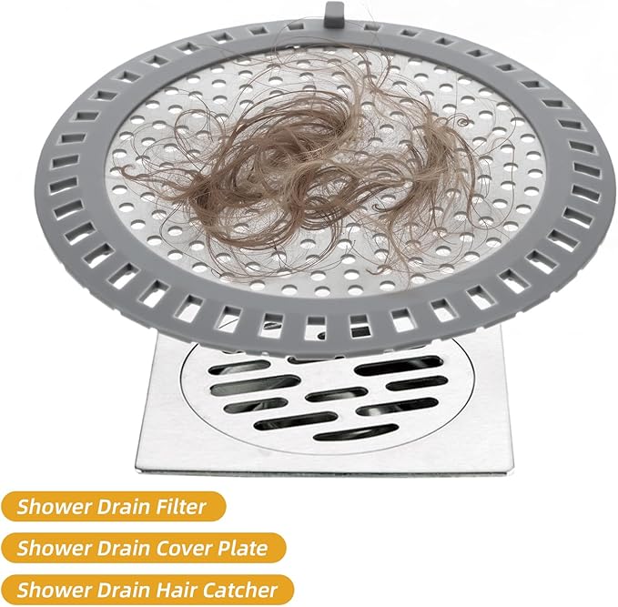 Shower Drain Hair Catcher Round Flat Shower Drain Cover & Protector with Silicone Rim Weighted Metal Sink Hair Trap Stopper for Regular Drains of Shower Room, Bathroom