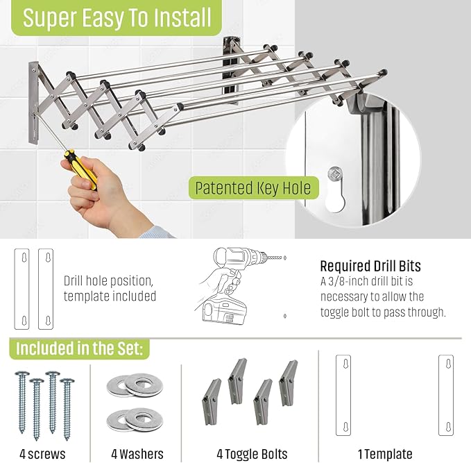 Smartsome Wall Mounted Clothes Drying Rack | Adjustable 18–33" Width | 20 Linear Feet Drying Capacity | 8 Stainless Steel Rods | 60 lb Capacity | Fully Assembled | Compact Space-Saving Design