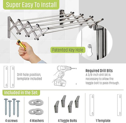 Smartsome Wall Mounted Clothes Drying Rack | Adjustable 18–33" Width | 20 Linear Feet Drying Capacity | 8 Stainless Steel Rods | 60 lb Capacity | Fully Assembled | Compact Space-Saving Design