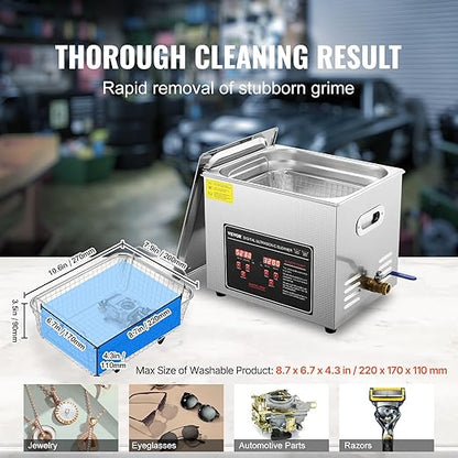 VEVOR Ultrasonic Cleaning with Digital Timer & Heater, Professional Ultra Sonic Jewelry Cleaner, Stainless Steel Heated Cleaning Machine for Glasses Watch Rings Small Parts Circuit Board (10L)
