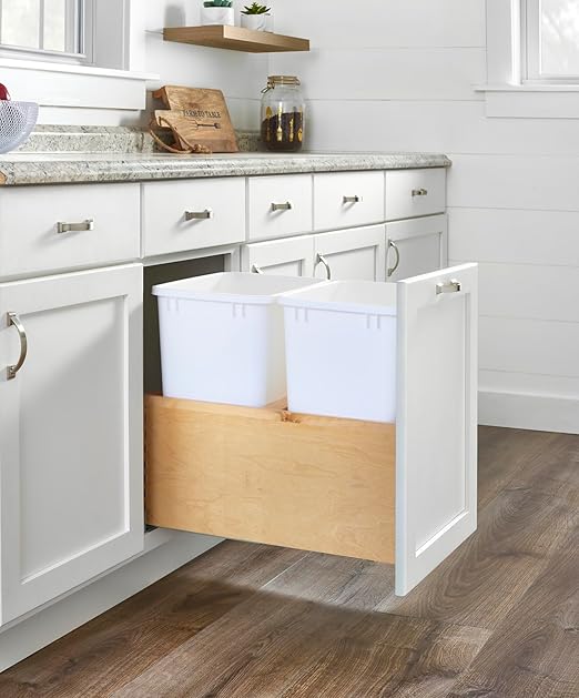 Rev-A-Shelf Double White 35 Qt. Maple Value Line Pullout Waste Container w/Soft-Close for 18" Base Cabinets