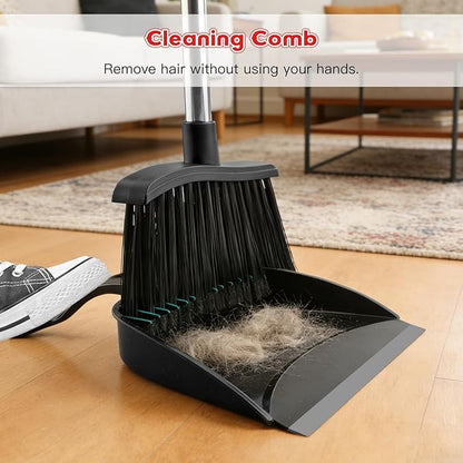Broom and Step-on Dustpan Set, 59-in Adjustable Long Handle Broom with Dustpan Combo Set Outdoor Angle Broom for Sweeping Indoor Dust Pet Hair for Cleaning Kitchen Garage Deck Patio, Black