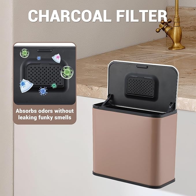 GarveeHome 1.3 gal/5L Countertop Compost Bin with Lid, Hanging Small Trash Can with Odor Control Charcoal Filter ＆ Bucket Under Sink for Kitchen, Hanging/Wall Mounted/Standing Food Waste Bin, Brown
