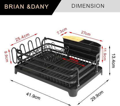 BRIAN & DANY Aluminum Dish Drying Rack, Dish Racks for Kitchen Counter, Dish Drainer with Removable Cutlery Holder & Cup Holder, 16.5" L x 11.8" W, Black