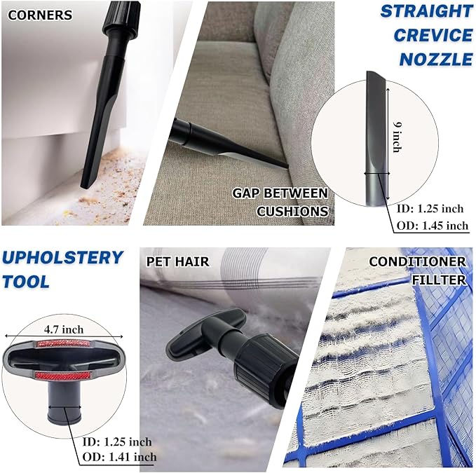 Universal Vacuum Attachments & Brushes Kit - Hardwood Floor Vacuum Brush Head Attachment & Shop-vacs Accessories - Universal Vacuum Hose Adapter Kit & Dryer vent Flexible Crevice Attachment