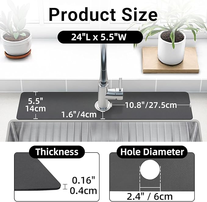 LOPNUR Faucet Mat for Kitchen Sink Cuttable, 24 Inch Long Sink Splash Guard Behind Faucet, Super Absorbent Diatomite Sink Protector Mat, Bathroom Water Splash Guard Fast Dry, Easy to Cut, Grey
