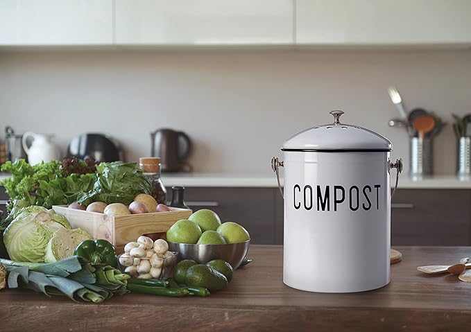 JRW Design White Kitchen Compost Bin Plus 2 Non-Smell Filters, 1.3 Gallon Farmhouse Bin for Countertop, Durable Bin Kitchen with Handle, Easy to Clean, Rust Proof Composting Bin, Compost Bucket