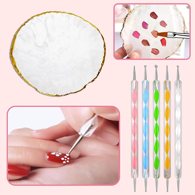 MUIIGOOD White Nail Art Brush 22 Pcs Set, 2 Head Acrylic Silicone Engraving Dotting Pen Tools Dust Brush, Striping Liner Drawing Pens, Resin Palette, for Nail Art DIY Home Salon Makeup Display Board