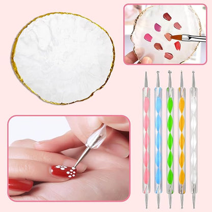 MUIIGOOD White Nail Art Brush 22 Pcs Set, 2 Head Acrylic Silicone Engraving Dotting Pen Tools Dust Brush, Striping Liner Drawing Pens, Resin Palette, for Nail Art DIY Home Salon Makeup Display Board