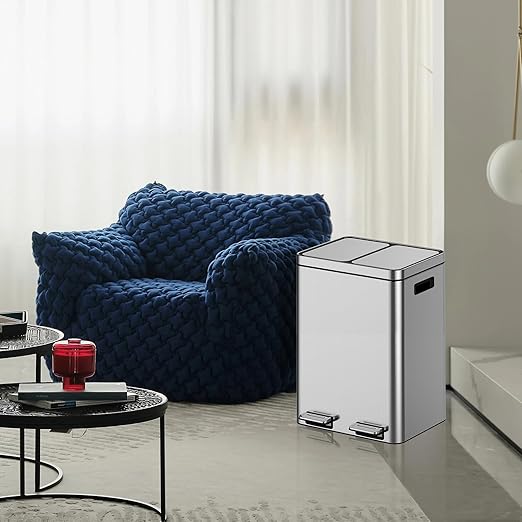 2 x 5.3 Gallon Kitchen Trash Can, Dual Compartment Garbage Can, Stainless Steel Rubbish Bin with Soft-Close Lid and Removable Inner Wastebasket for Kitchen, Home Office