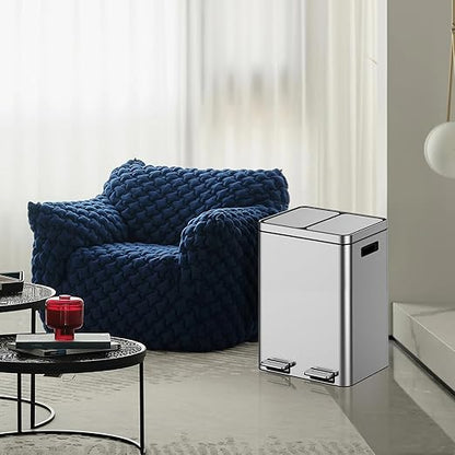 2 x 5.3 Gallon Kitchen Trash Can, Dual Compartment Garbage Can, Stainless Steel Rubbish Bin with Soft-Close Lid and Removable Inner Wastebasket for Kitchen, Home Office