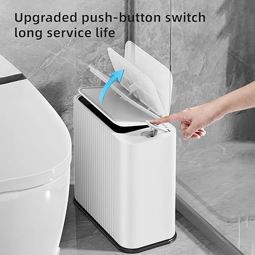 SUBEKYU Bathroom Trash Can with lid,3.5 Gal Small Kitchen Garbage Can,Plastic Office Waste Bin,Slim Wastebasket for Narrow Space,White