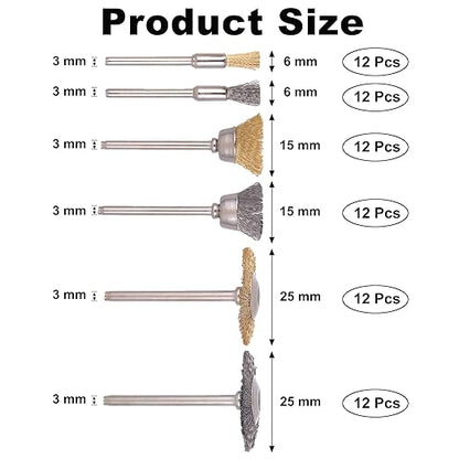 Rocaris 72 Pack Wire Wheel Brushes Set, Brass and Steel Wire Brush Set 1/8" Shank for Rotary Tools Accessories Polish Clean Tools