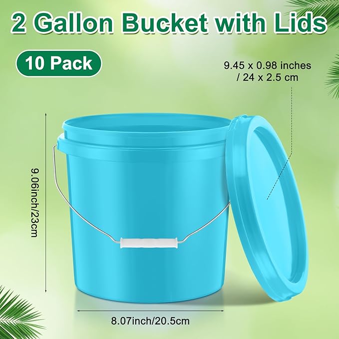 Tioncy 10 Pcs 2 Gallon Plastic Bucket with Lid Heavy Duty 2 Gallon Bucket Pail with Lid Handle for Storage Container Home Household Cleaning (Light Blue)