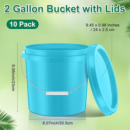 Tioncy 10 Pcs 2 Gallon Plastic Bucket with Lid Heavy Duty 2 Gallon Bucket Pail with Lid Handle for Storage Container Home Household Cleaning (Light Blue)