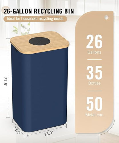 Recycling Bins for Kitchen, 26 Gallon (100L) Recycle Bin with Bamboo lid, Indoor Oxford Fabric Recycling Trash Can with 2pcs Removeable and Reusable Inner Bags for Bottle Can Glass Plastice, Blue