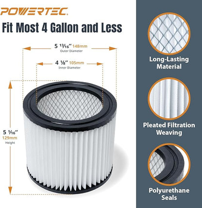 POWERTEC 90398 Cartridge Filters 4PK for Shop Vac, 9039800, 9039833 Type AA Replacement Filters, Fits Shop-Vac Most 4 Gallon and Less Wet/Dry Vacuum Cleaners (75083-P4)