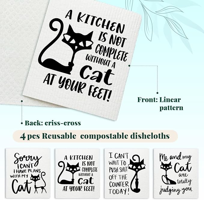 Cat Swedish Dishcloths for Kitchen, Papaya Reusable Paper Towels, 4 Pack Dish Towels for Kitchen, Reusable Paper Towels Washable, Swedish Dish Cloths