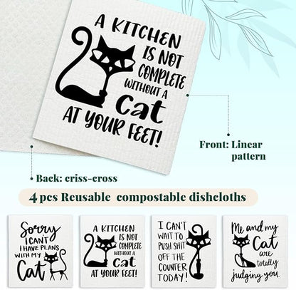 Cat Swedish Dishcloths for Kitchen, Papaya Reusable Paper Towels, 4 Pack Dish Towels for Kitchen, Reusable Paper Towels Washable, Swedish Dish Cloths