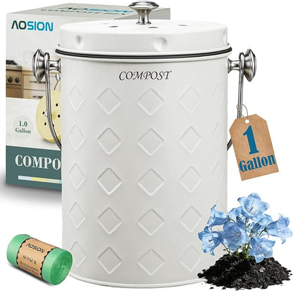 AOSION Countertop Compost Bin Kitchen,Odorless Indoor Compost Bin with Lid,Farmhouse Composter Container for Food Waste,Includes 2 Carbon Filters, Small Compost Bucket,Trash Bags (Modern, Cream White)