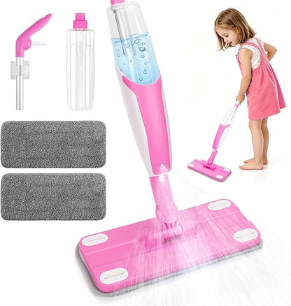Kids Spray Mop, Toddler Cleaning Set with Real Water Sprayer, 2 Washable Mop Pads & Storage Clip, Pretend Play Montessori Housekeeping Toys for Boys Girls Ages 3 4 5 6 7 8