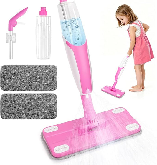 Kids Spray Mop, Toddler Cleaning Set with Real Water Sprayer, 2 Washable Mop Pads & Storage Clip, Pretend Play Montessori Housekeeping Toys for Boys Girls Ages 3 4 5 6 7 8