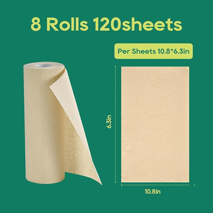 ECOlipak Paper Towels - 8 Rolls, 2 Ply 120 Sheets- Plastic Free, Tree Free, Compostable, Disposable Kitchen Paper Towels, Soft and Absorbent, PFAS Free, Nature