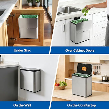Kitchen Compost Bin with Lid, 2.1 Gallon Stainless Steel Trash Can for Countertop or Under Sink, Hanging Small Kitchen Trash Bin with Removable Inner Bucket, Charcoal Filter for Odor Control