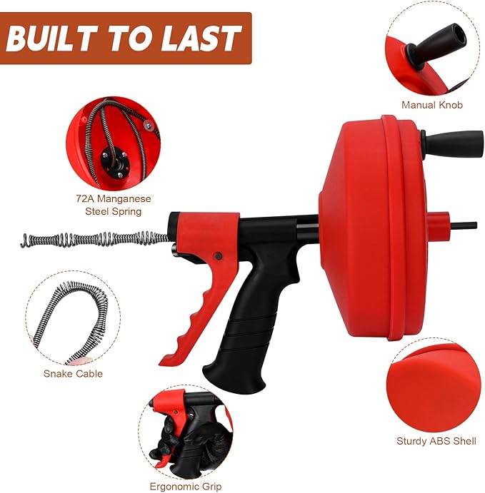 50 FT Double Mode Drain Snake Tools, 11-in-1 Drain Auger for Sink and Drain Unblocking, Plumbing Snake for Kitchen, Bathrom and Shower Sink, Drain Clog Remover for Real DYIs